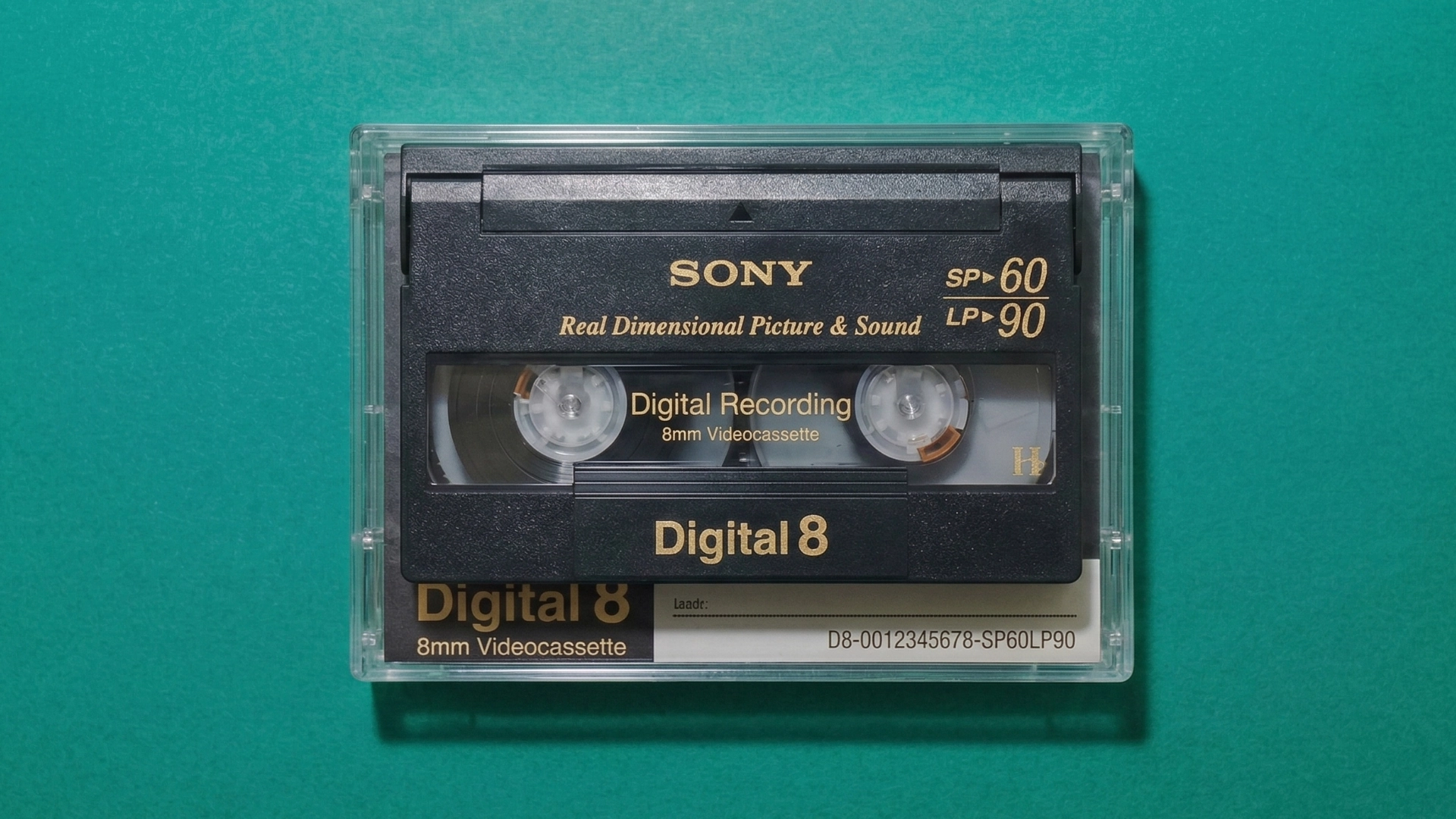 Digital8 cassette front view showing case and label