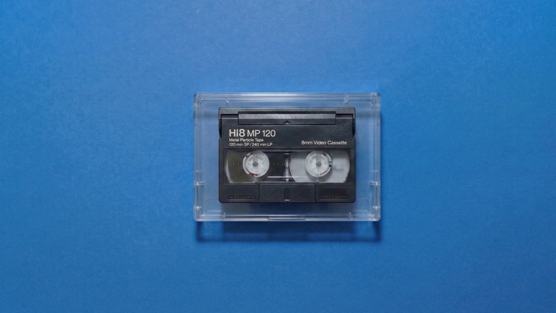 Hi8 cassette front view showing case and label