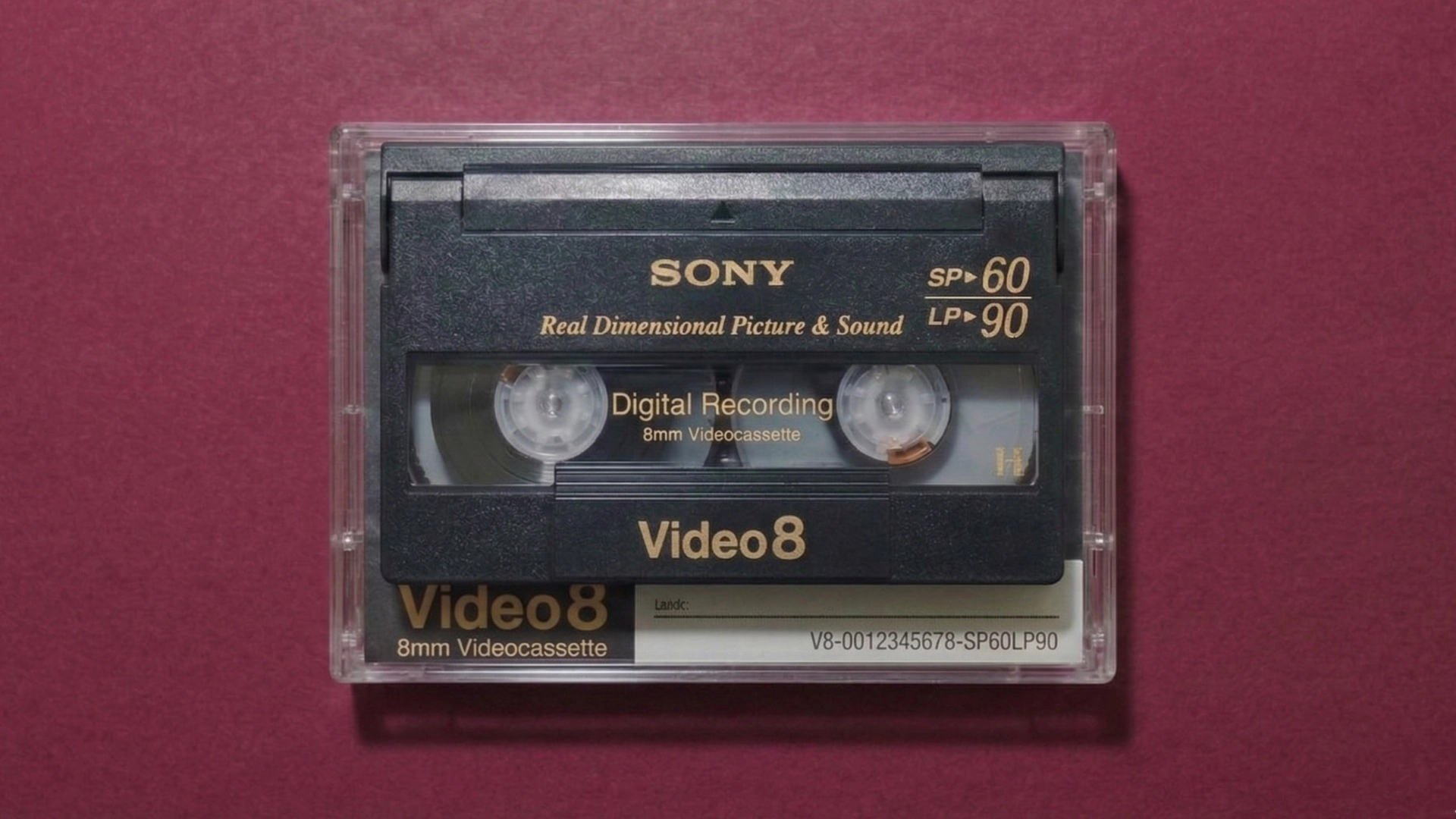 Video8 cassette front view showing case and label