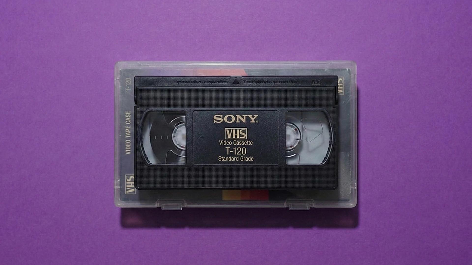 A Sony VHS video cassette in a clear plastic library case, photographed from above.